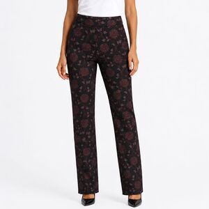 Chico’s Black Floral Slim Leg Pants Tummy Control Pull On 14T